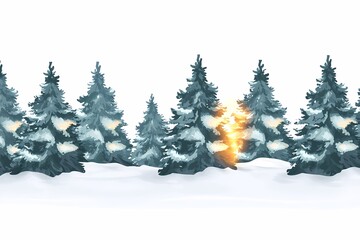 Fototapeta premium Winter Landscape with Snowy Pine Trees and Soft Glowing Light