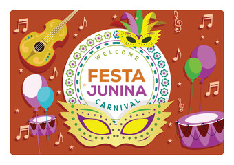 Festa Junina Carnival celebration with music and colorful masks.