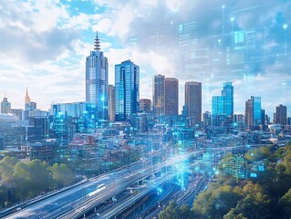 Fototapeta premium Futuristic Smart City Landscape of Melbourne with Digital Alumni Associations