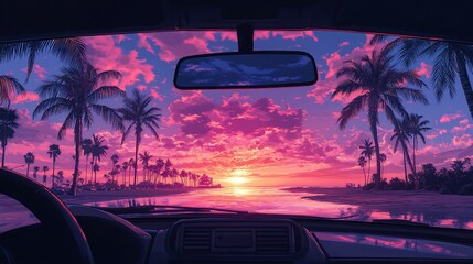 Vibrant sunset view from inside a car, palm trees lining a coastal road.