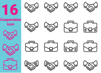 Cooperation icon 16, handshake icon set, Soul brother handshake icon, Heart handshake icon in different style, vector illustration