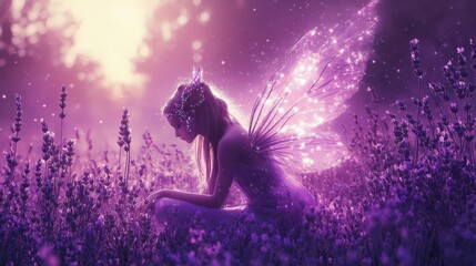 Naklejka premium Luminous Fairy Amidst Lavender Field at Sunset