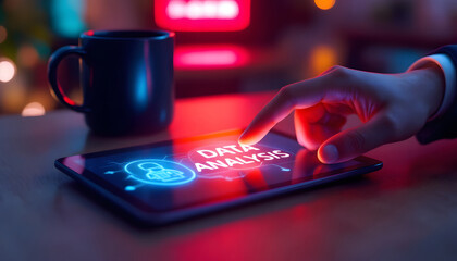 Futuristic Data Analysis Display, Hand Touching Digital Holograms