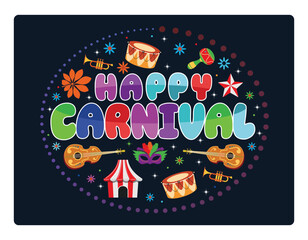 Colorful carnival party banner with masks and musical instruments.