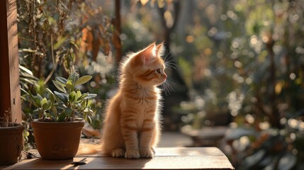 Cute Ginger Kitten Sitting in a Sunlit Garden with Greenery Around