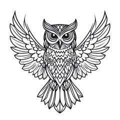 Fototapeta premium Ornate owl with wings spread, line art.