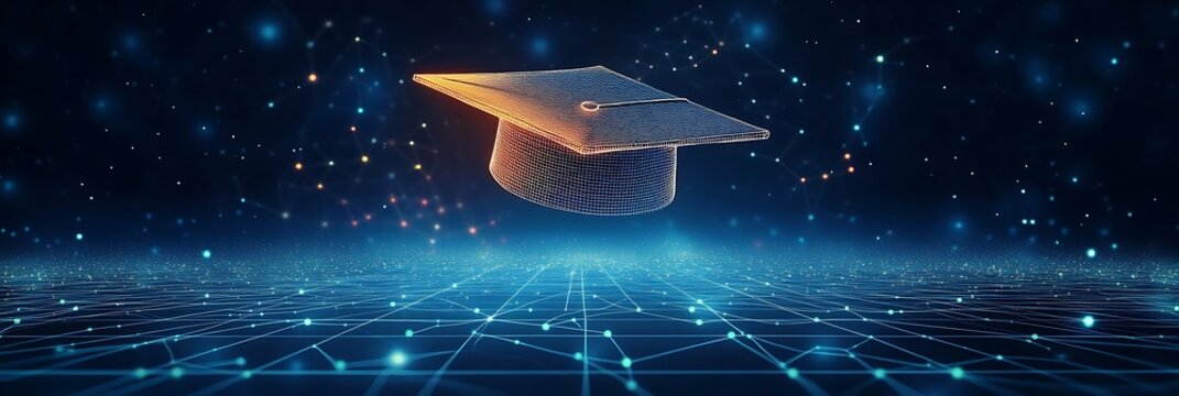 Digital illustration of a graduation cap made from glowing data connections, representing the impact and connection between education technology products, Generative Ai - Powered by Adobe
