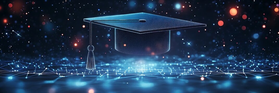 Digital illustration of a graduation cap made from glowing data connections, representing the impact and connection between education technology products, Generative Ai - Powered by Adobe