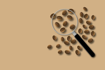 Coffee beans with magnifying glass on brown background. Inspecting coffee beans. space for the text. shadow overlay. paper cut design style.