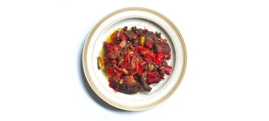 Dendeng Balado or Dendeng Batokok is made from slice of beef with spicy sauce. Traditional food from Minang, Sumatera Barat