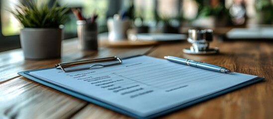 Checklist clipboard with pen on wooden desk.
