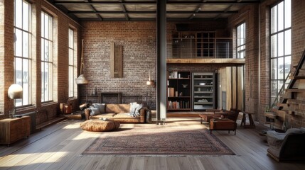 Sunlit Industrial Loft Apartment: Exposed Brick, Spacious Design, and Warm Lighting