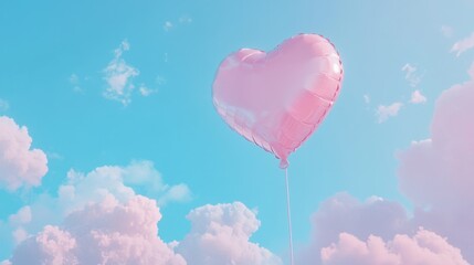 Fototapeta premium Pink Heart Balloon Floating Against a Blue Sky with Fluffy Clouds