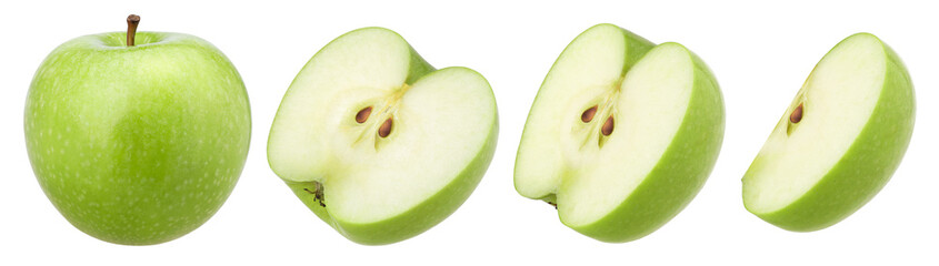 green apple (granny smith apple), half and slice isolated, transparent PNG, collection, PNG format, cut out