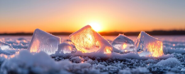 Stunning Sunset Over Ice Featuring Glowing Ice Cubes