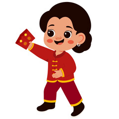 Happy Girl Holding Red Envelopes Celebrating Chinese New Year Illustration