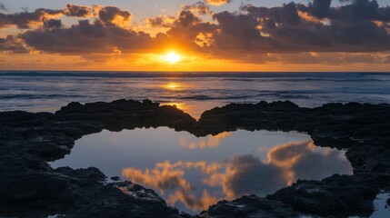Obraz premium Heart-Shaped Reflection in Tide Pool At Sunset Over Ocean Waves