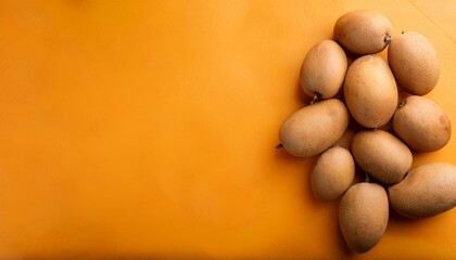 Flat Lay Top View of Bright Ripe Fragrant Light Orange Sapodilla Fruit as Background