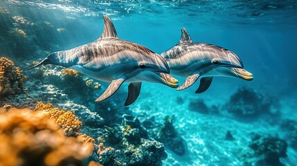 Obraz premium Enchanting Panoramic View of Spinner Dolphins in Hawaii's Vibrant Underwater Landscape