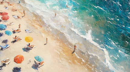 Naklejka premium Oil Painting of A Beach from Birds' Eye View Aspect 16:9 Perfect for Wall Art
