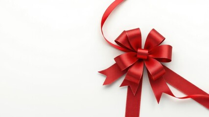 Elegant red ribbon bow atop a Christmas greeting card, texture, background