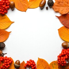 Autumnal frame with dry leaves in warm colors, acorns, and red berries, over a white background, ideal for text or design.

