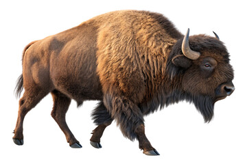 Fototapeta premium A majestic bison with a thick brown coat, large curved horns, and a muscular frame, walking confidently, isolated on a transparent background