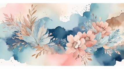 Watercolor art background vector. Wallpaper design with winter flower paint brush line art. Earth tone blue, pink, ivory, beige watercolor Illustration for prints, wall art, cover and invitation.