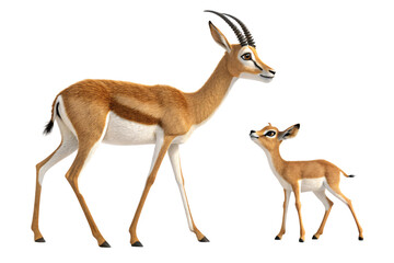 Fototapeta premium A mother gazelle with curved black horns standing beside her baby. Their bond is evident in their gentle expressions and tender posture, isolated on a transparent background