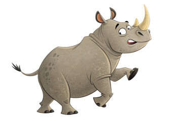 Fototapeta premium A playful rhino lifts one leg while showing an animated, surprised expression. The detailed skin and mischievous pose add personality to this character, isolated on a transparent background