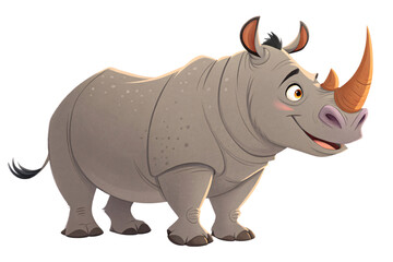 Obraz premium A rhino with a broader stance and golden horn grins warmly. Subtle skin details and cheerful eyes highlight its approachable, animated design, isolated on a transparent background