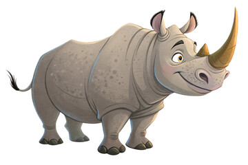 Fototapeta premium A rhino with a golden horn smiles confidently. Its textured gray skin and expressive eyes convey strength and friendliness in equal measure, isolated on a transparent background