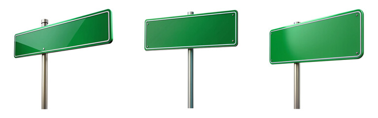 Set of Green street sign isolated on transparent background, cut out