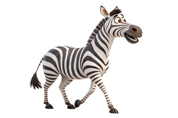 A whimsical cartoon zebra with vivid black-and-white stripes, a wide smile, and lively eyes, walking with an energetic posture, isolated on a transparent background