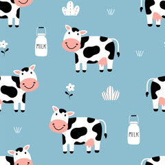 Seamless pattern with cute cow and milk on blue background for your fabric, children textile, apparel, nursery decoration, gift wrap paper. Vector illustration
