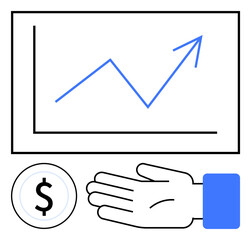 Line graph arrow shows upward trend, hand offers support, dollar sign for finance. Ideal for business growth, investment, financial support, success, strategy economy market trends. Line metaphor