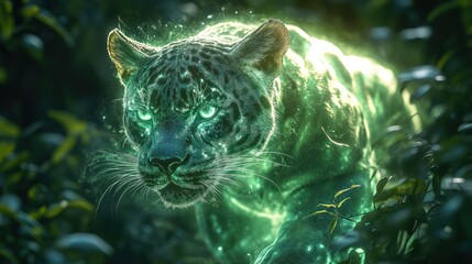Glowing jaguar emerging from rainforest at night.