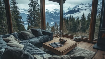 Serene Mountain View from Cozy Cabin Living Room