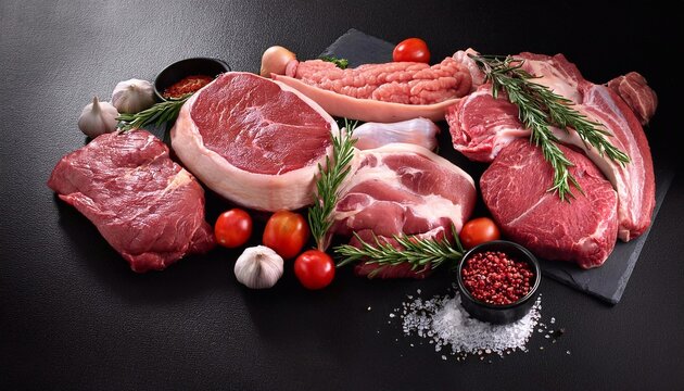 Different types of raw meat on background