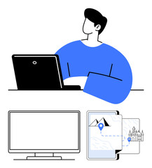 Person using a laptop with large monitor and mobile device displaying map and location pin. Ideal for remote work, technology use, digital maps, workspace setup, online communication, project