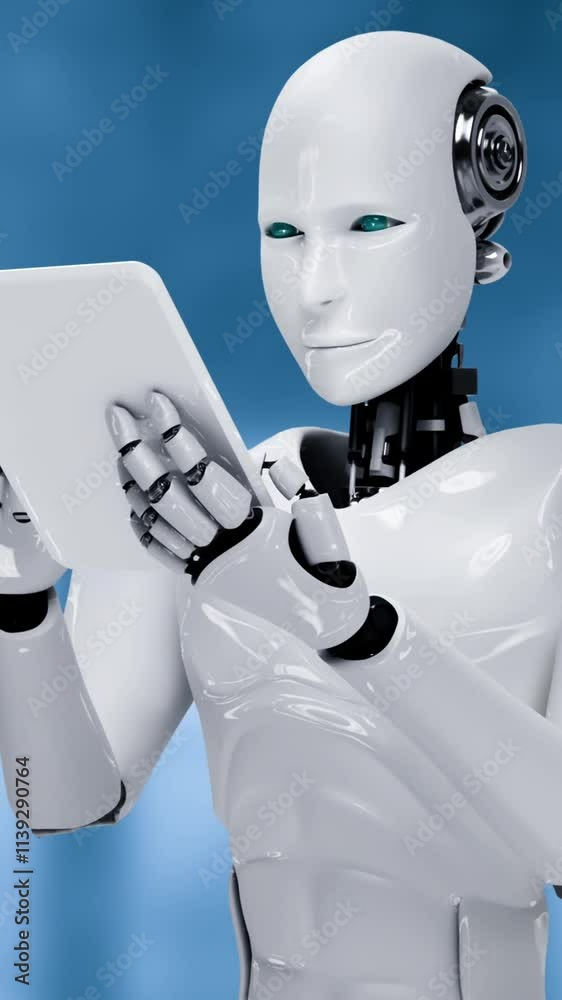 Poster robot hominoid using tablet computer for big data analytic using ai thinking brain , artificial inte