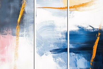 Abstract Blue and Pink Triptych Painting with Gold Accents