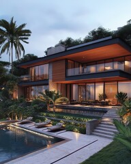 Fototapeta premium Luxury Modern Villa Design with Infinity Pool and Lush Tropical Landscaping at Dusk