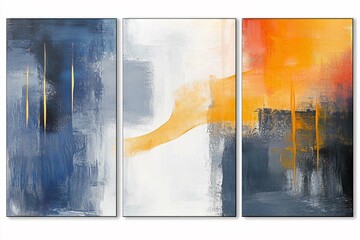 Abstract Triptych Painting Blue Orange Gold Tones Modern Canvas Art