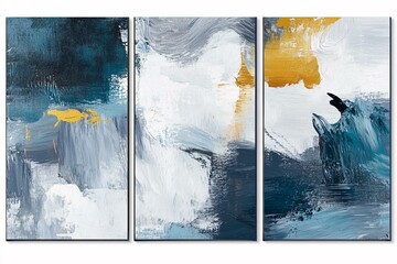 Abstract Triptych Painting Blue Gold White Canvas Art