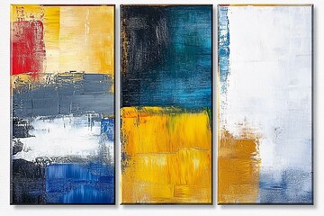 Abstract Triptych Painting Yellow Blue White Canvas Art