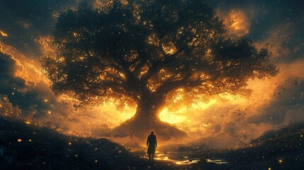 Obraz premium Majestic Sunset: A Solitary Figure and Glowing Tree
