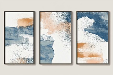 Abstract Blue and Beige Triptych Canvas Wall Art