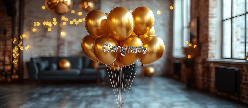 Gold balloons with "Congrats" in a loft setting.