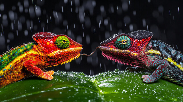Vivid chameleons displaying bright colors in rain soaked environment, showcasing their unique patterns and textures. scene captures moment of interaction between two reptiles